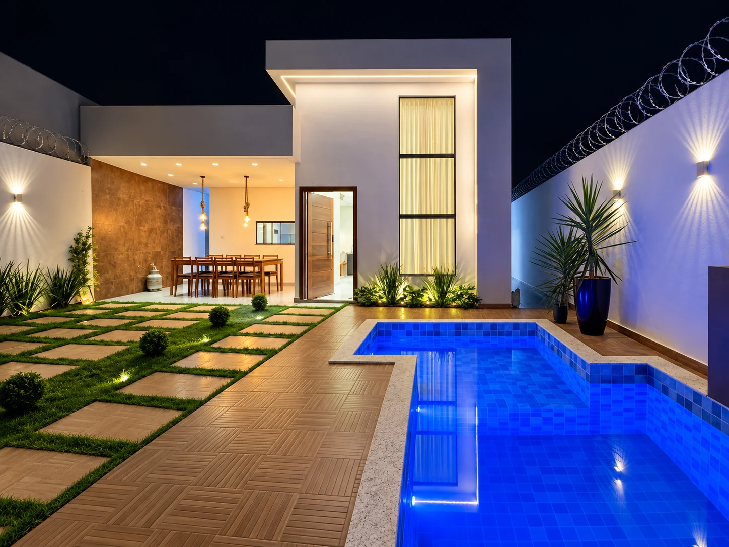 Piscina azul iluminada à noite junto à residência