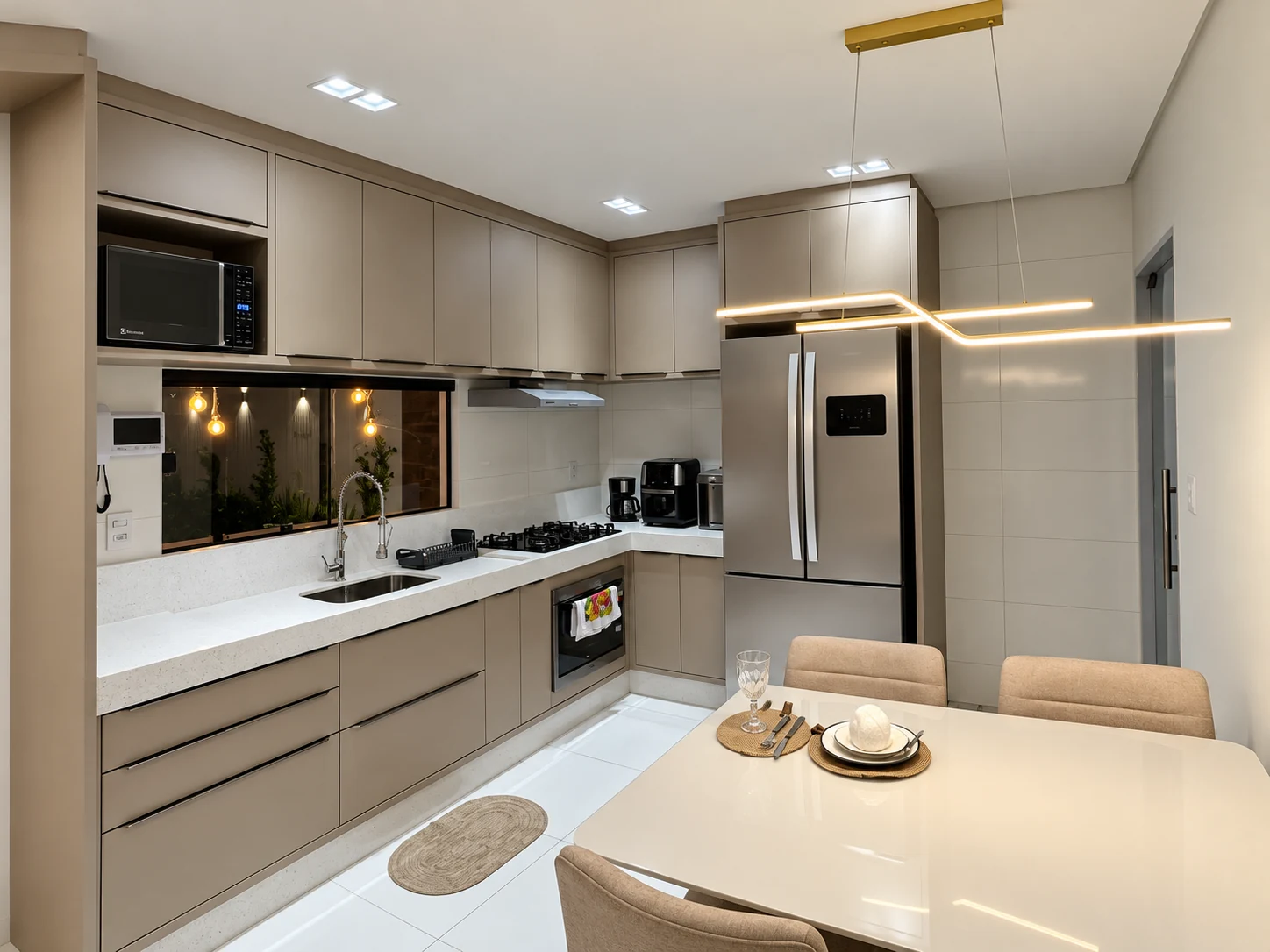 Cozinha moderna com mesa e iluminação suspensa