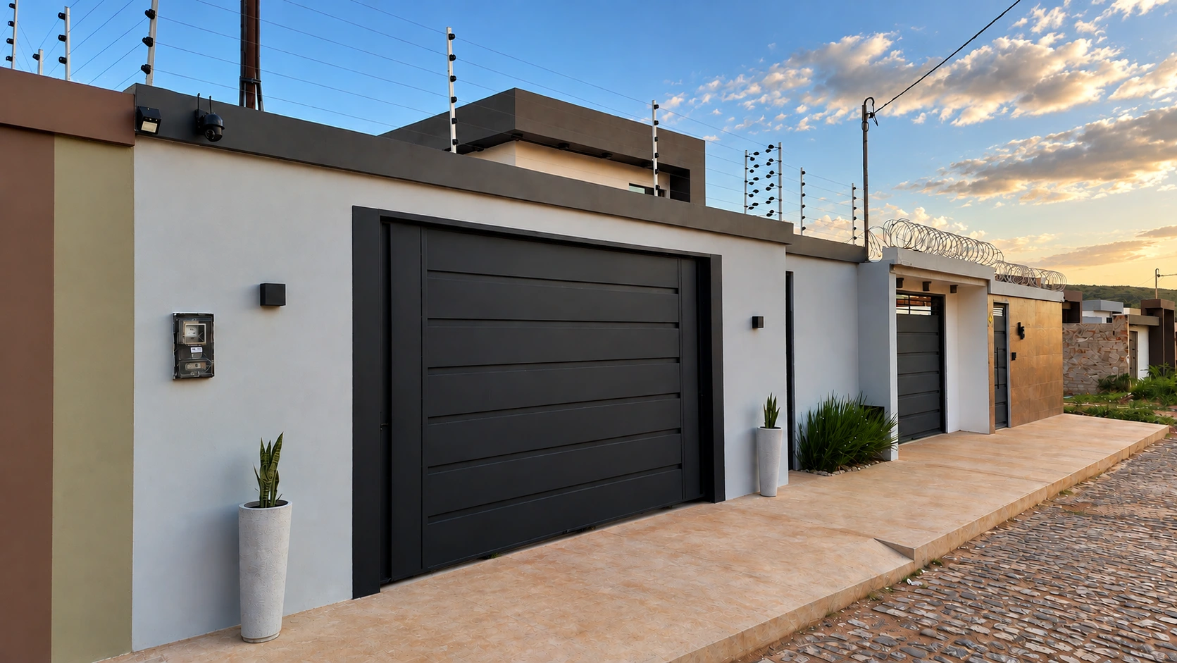 Fachada contemporânea com portão escuro e iluminação ao entardecer