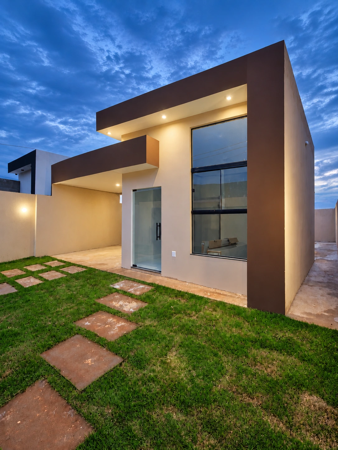 Residência com jardim e iluminação na fachada